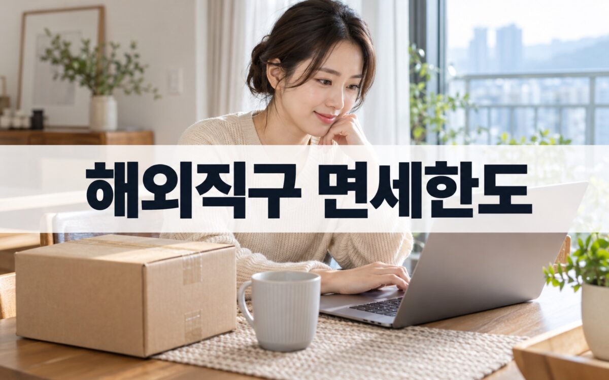 상표 없는 택배 상자 옆에서 노트북으로 해외직구 면세한도를 확인하는 소비자