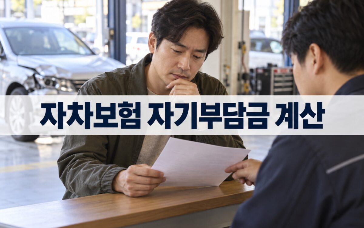 정비소에서 자동차 수리 견적을 살펴보며 자기부담금을 확인하는 운전자