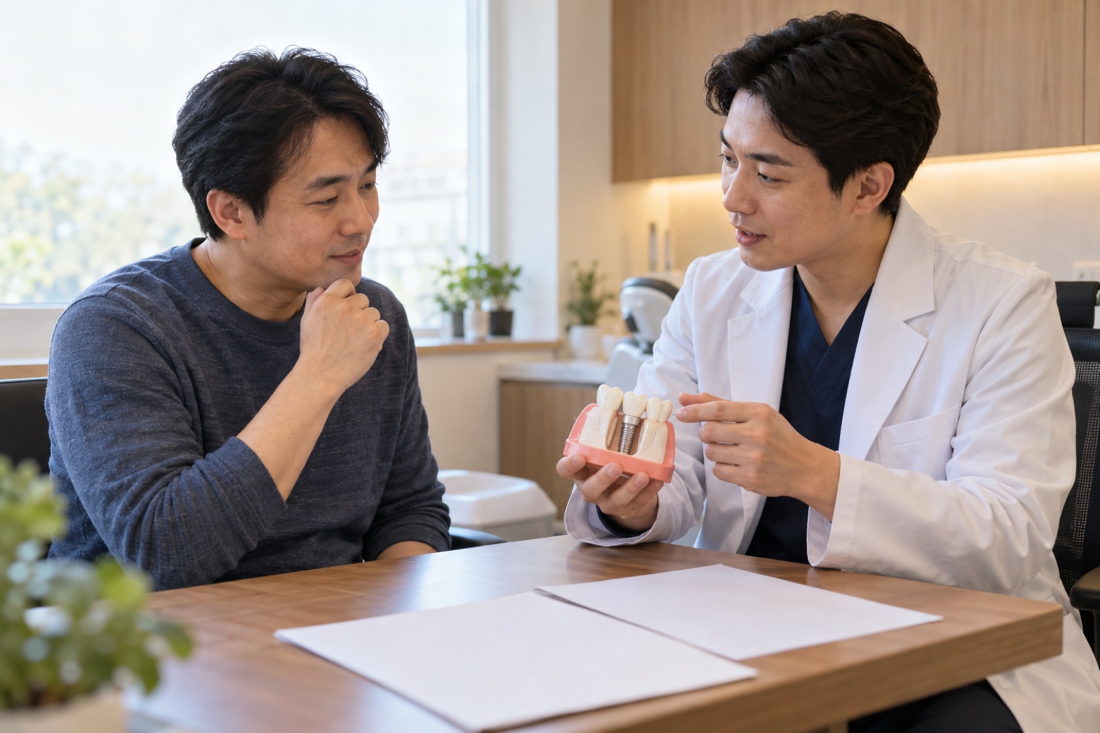 치과 상담실에서 임플란트 치료 계획을 의사와 확인하는 환자