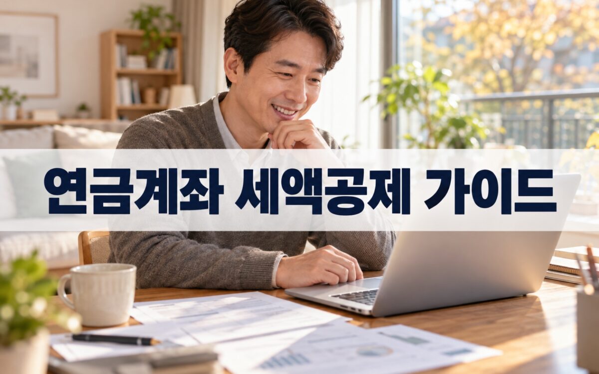 노트북으로 연금 계좌 개설 화면을 보며 미소 짓는 40대 한국 직장인의 실사 사진, 중앙에 연금계좌 세액공제 가이드 문구