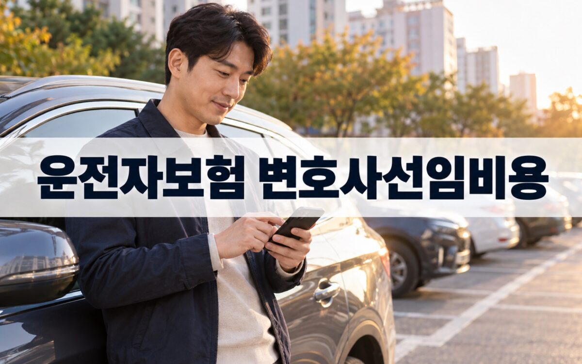 주차장에서 자동차 옆에 서서 스마트폰으로 운전자보험 가입 내역을 확인하는 30~40대 운전자