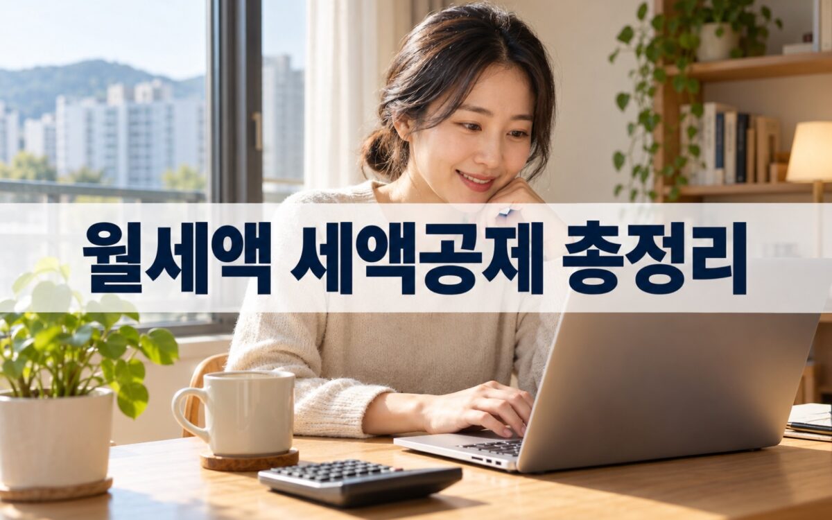 밝은 서재 책상에서 노트북과 계산기로 가계를 정리하며 미소 짓는 30대 직장인