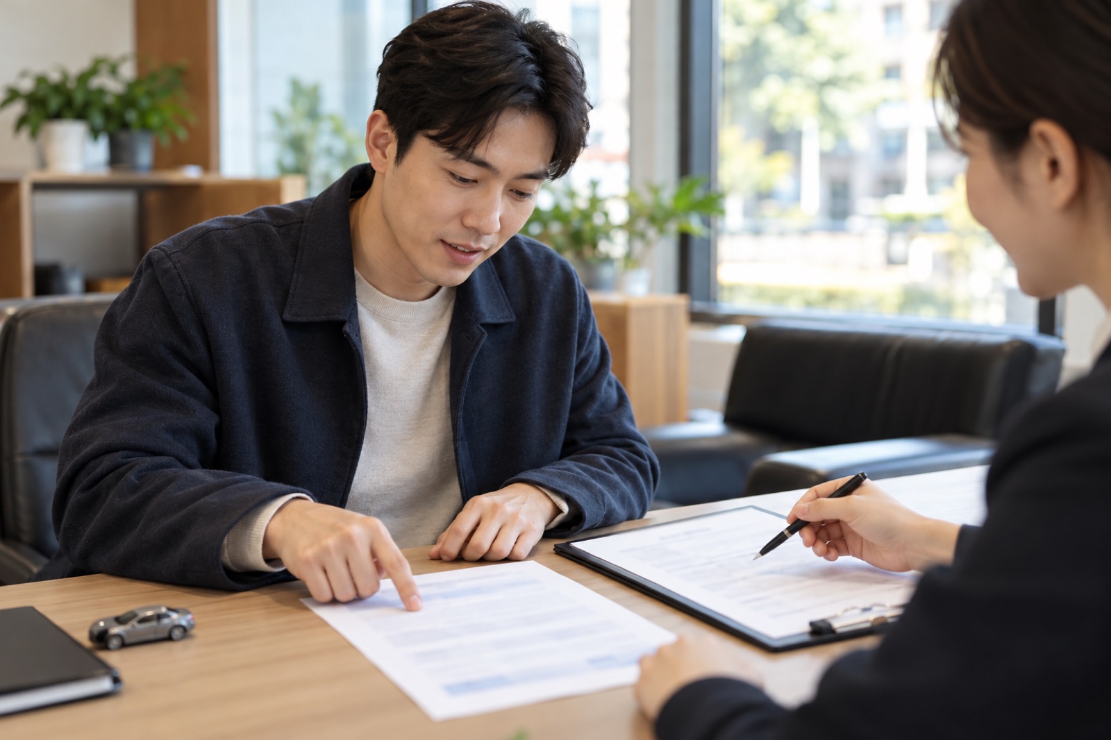 보험 계약과 차량 서류를 살펴보며 과납보험료를 확인하는 운전자