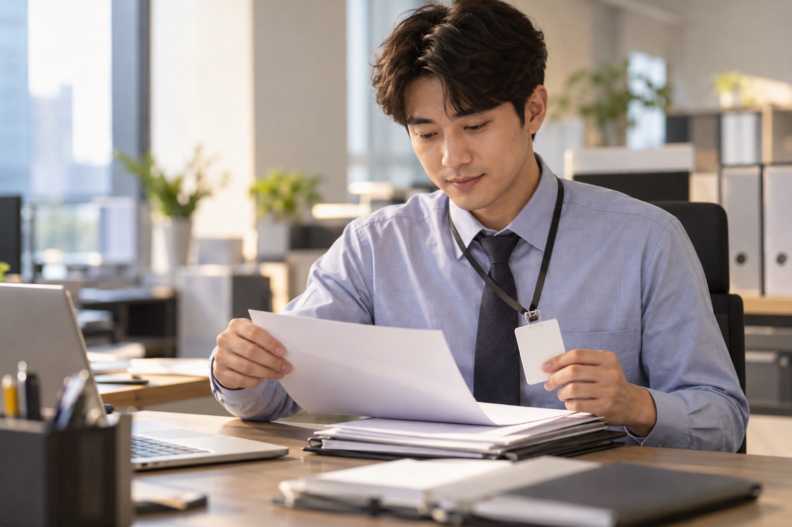 이직 서류와 사원증을 정리하는 30대 한국 직장인의 사무실 실사 사진