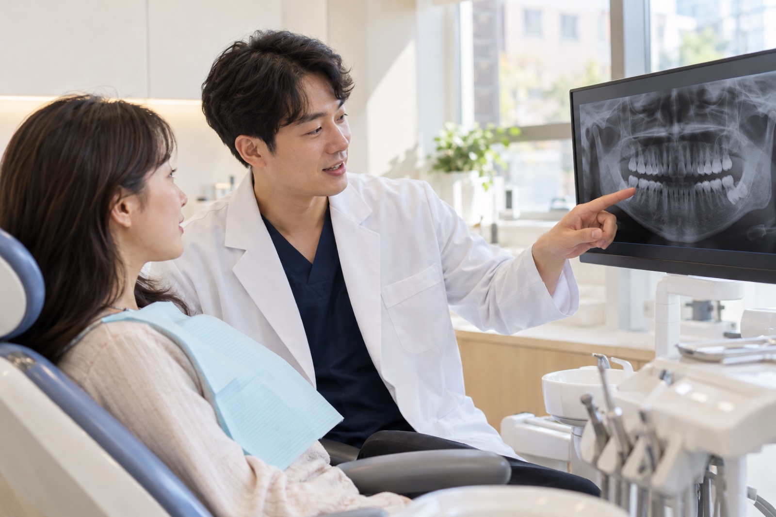 치과 진료실에서 파노라마 엑스레이를 보며 발치 상담을 진행하는 치과의사와 환자