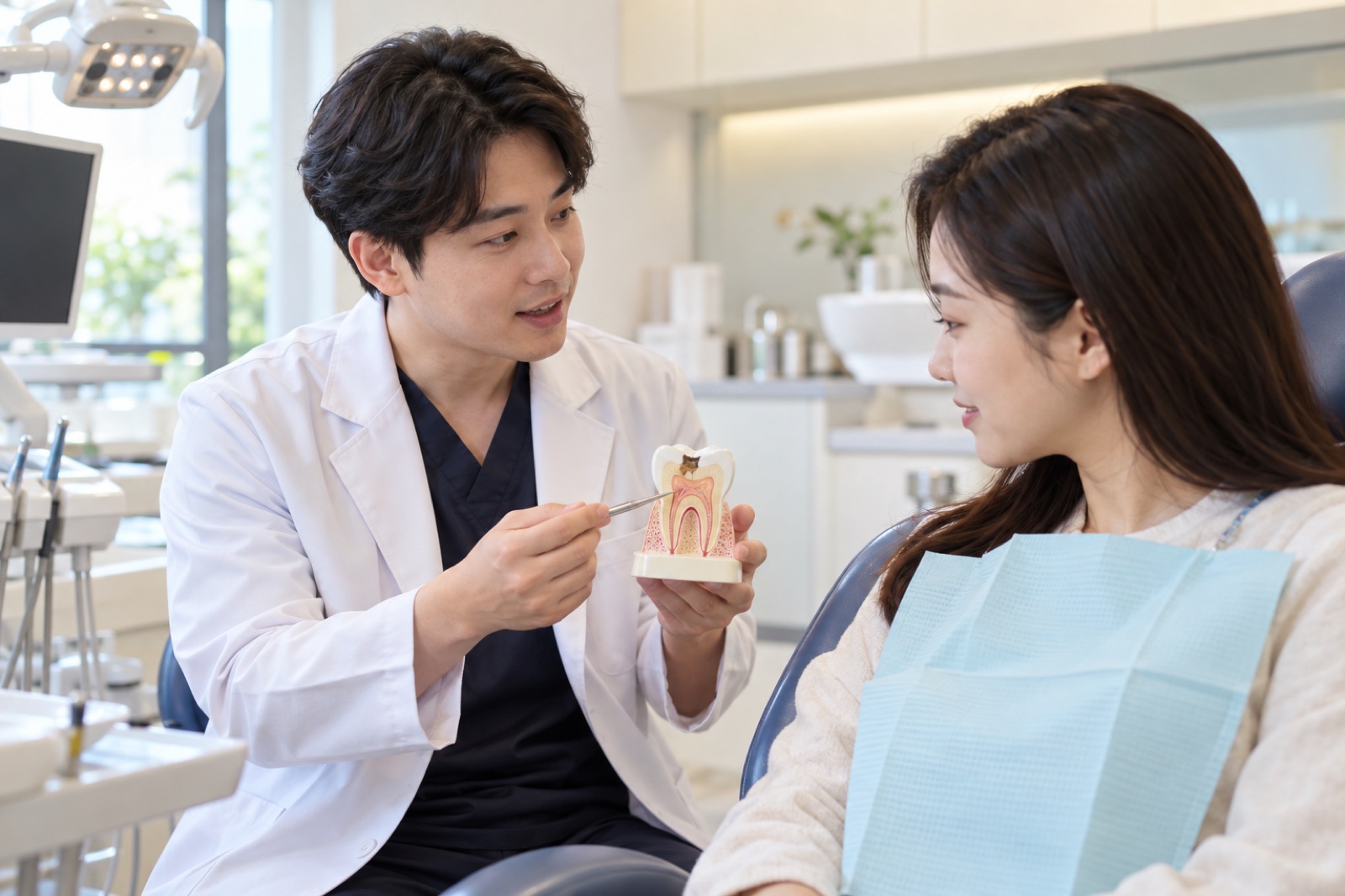 치과 진료실에서 치과의사가 치아 모형으로 충치 치료를 설명하는 모습