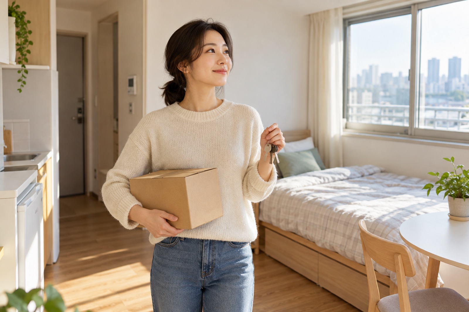 이사 첫날 밝은 원룸에서 열쇠와 상자를 들고 방을 둘러보는 여성