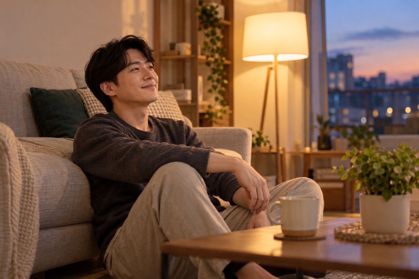 저녁 아늑한 원룸 소파에 앉아 편안하게 미소 짓는 남성