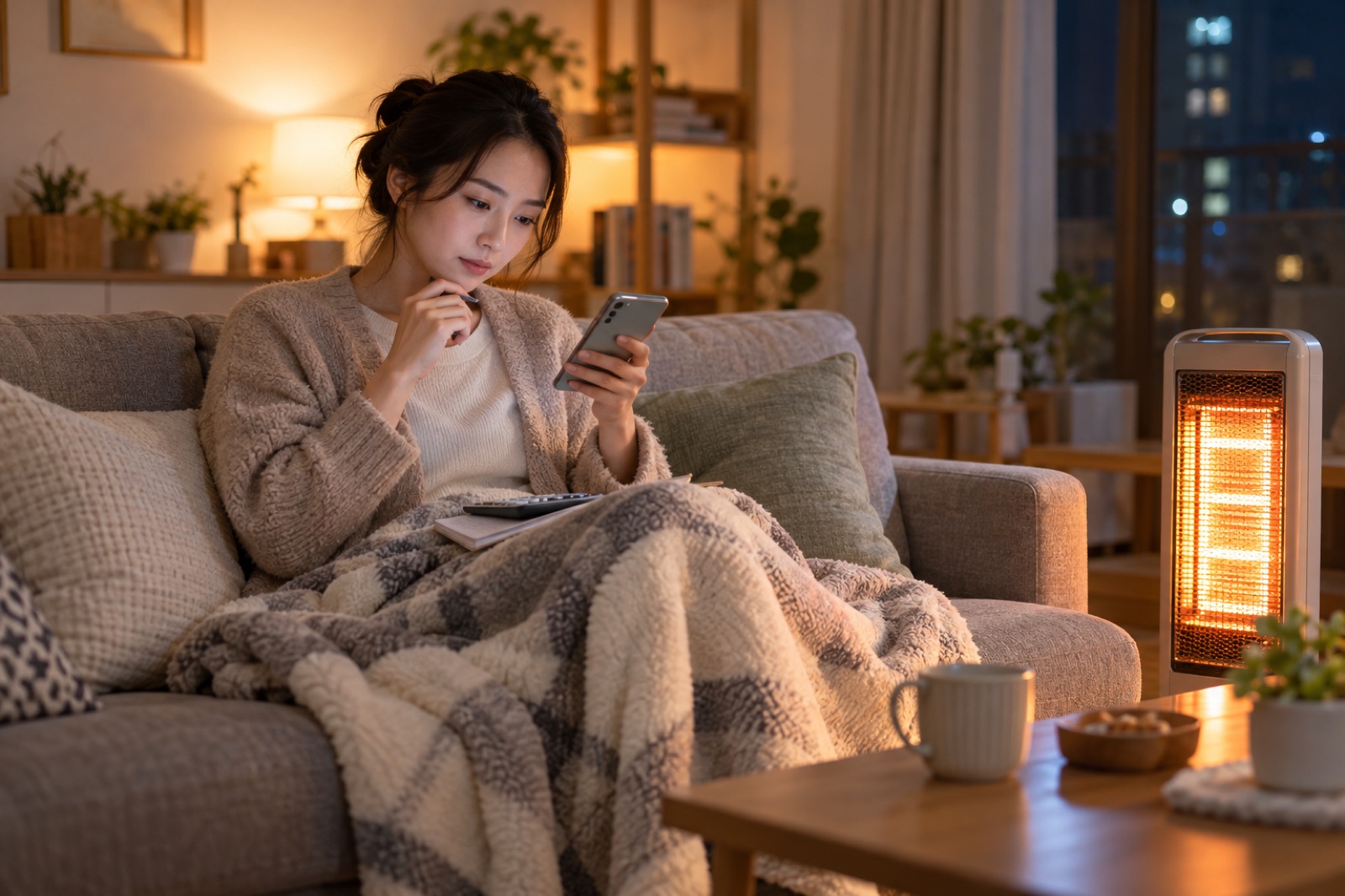 전기히터 옆에서 스마트폰으로 전기요금을 확인하는 여성