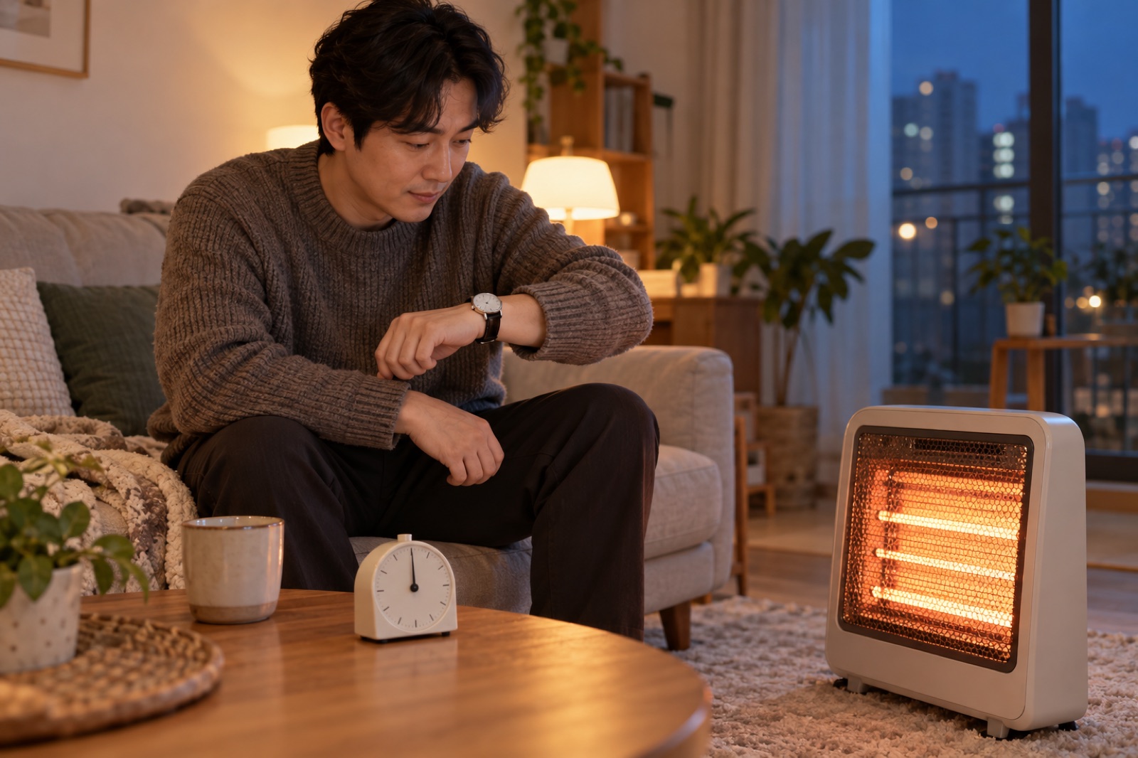 전기히터 앞에서 사용 시간을 확인하는 남성