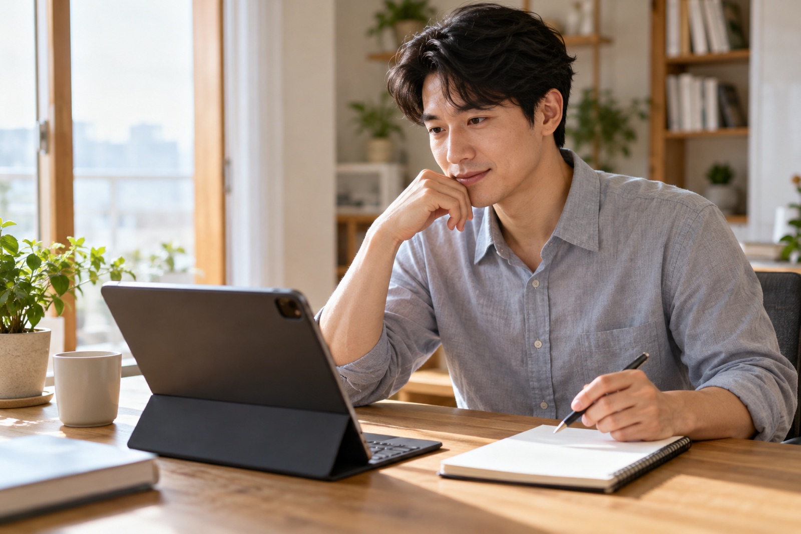 태블릿과 빈 노트를 두고 연금계좌 납입 내역을 살펴보는 모습