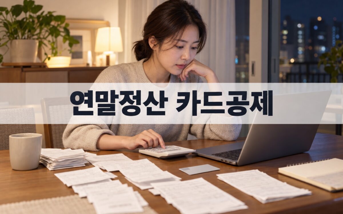 직장인이 노트북과 계산기로 연말정산 카드 사용액을 점검하는 모습