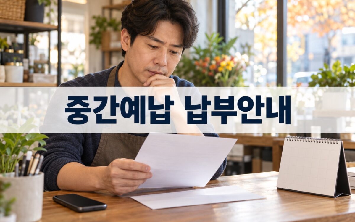 소상공인이 세금 고지서를 살펴보며 종합소득세 중간예납 납부를 준비하는 모습